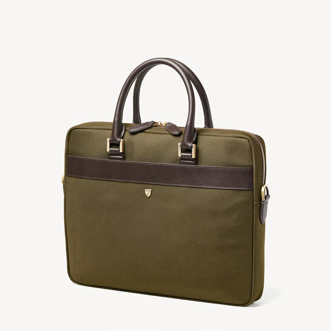 Slim Nylon Briefcase Olive Nylon Canvas with Leather Trim