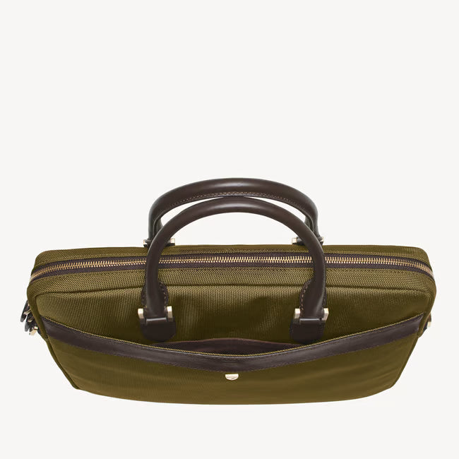 Slim Nylon Briefcase Olive Nylon Canvas with Leather Trim