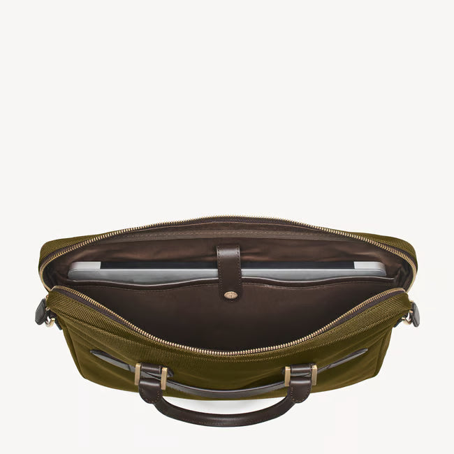 Slim Nylon Briefcase Olive Nylon Canvas with Leather Trim