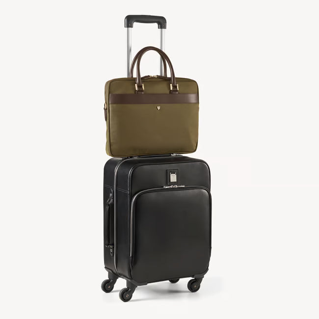 Slim Nylon Briefcase Olive Nylon Canvas with Leather Trim